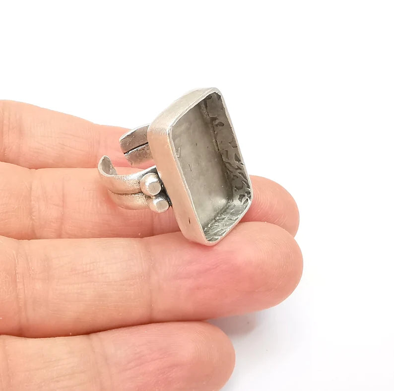 Rectangle Ring Setting Resin Ring Blank Cabochon Mounting Adjustable Dried Flower Base Bezel Antique Silver Plated Brass (25x15mm) G33595