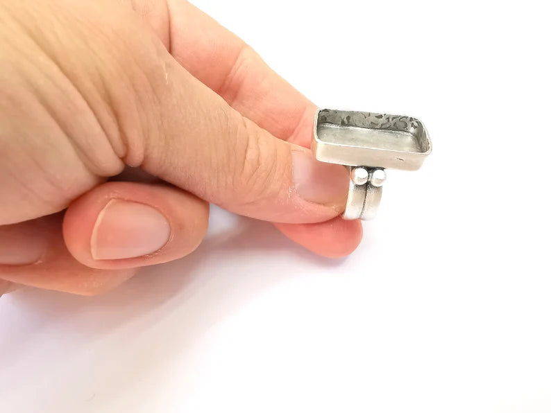 Rectangle Ring Setting Resin Ring Blank Cabochon Mounting Adjustable Dried Flower Base Bezel Antique Silver Plated Brass (25x15mm) G33595