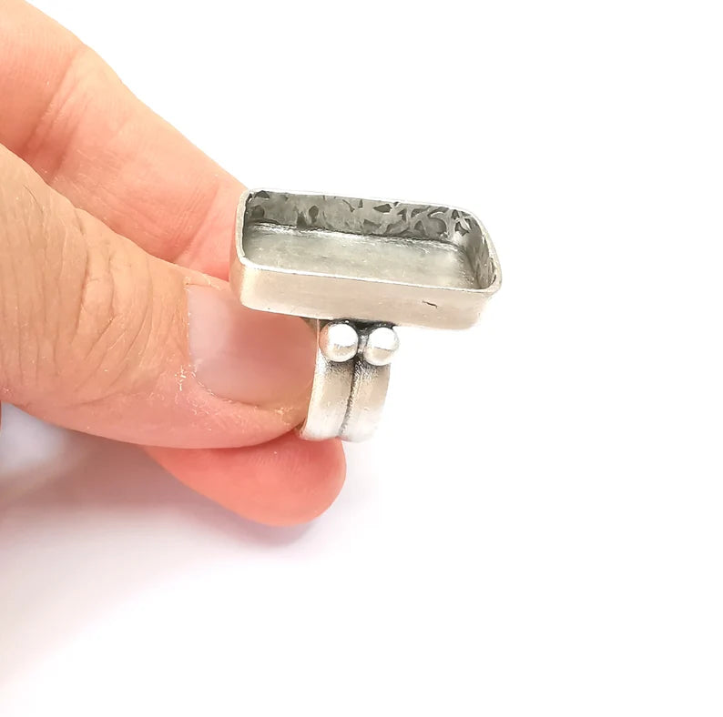 Rectangle Ring Setting Resin Ring Blank Cabochon Mounting Adjustable Dried Flower Base Bezel Antique Silver Plated Brass (25x15mm) G33595