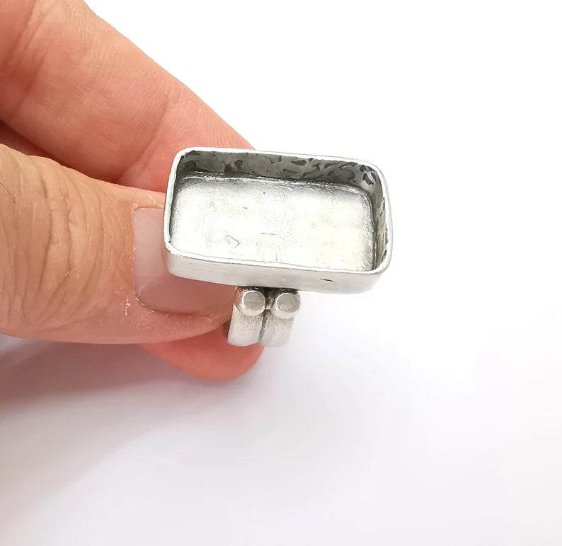 Rectangle Ring Setting Resin Ring Blank Cabochon Mounting Adjustable Dried Flower Base Bezel Antique Silver Plated Brass (25x15mm) G33595