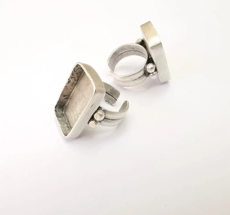Rectangle Ring Setting Resin Ring Blank Cabochon Mounting Adjustable Dried Flower Base Bezel Antique Silver Plated Brass (25x15mm) G33595