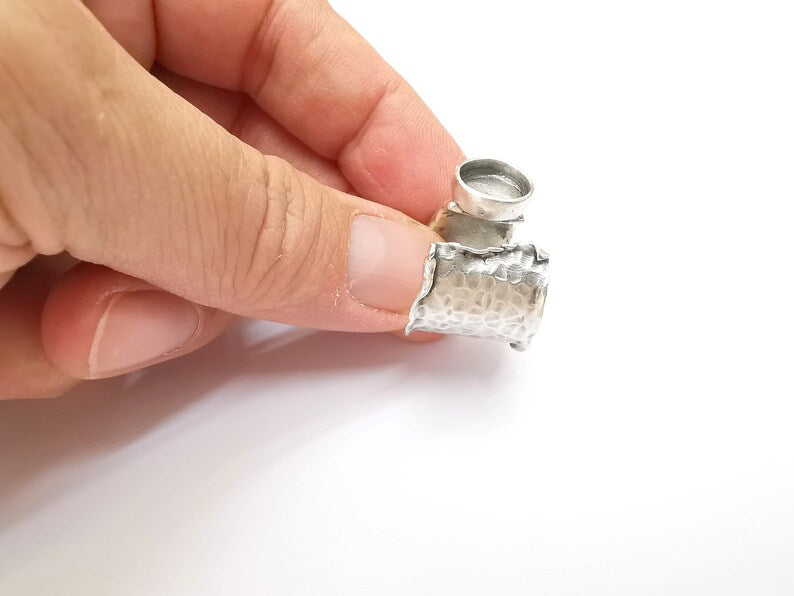 Hammered Ring Setting Resin Ring Blank Cabochon Mounting Adjustable Dried Flower Ring Base Bezel Antique Silver Plated Brass (10mm) G33606