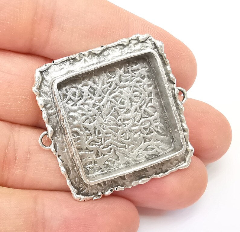 Hammered Pendant Connector Blanks, Resin Bezel, Cabochon Bases Mountings, Dry flower Frame, Polymer Clay, Antique Silver Brass (25mm) G33607