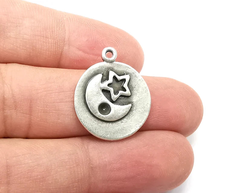 2 Moon Crescent Star Charms, Antique Silver Plated Charms (24x20mm) G33733