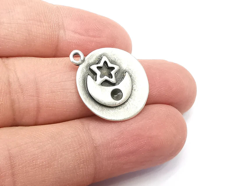 2 Moon Crescent Star Charms, Antique Silver Plated Charms (24x20mm) G33733