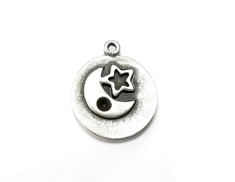 2 Moon Crescent Star Charms, Antique Silver Plated Charms (24x20mm) G33733