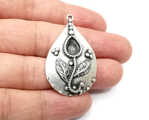 Drop Flower Pendant Blanks, Resin Bezel Bases, Mosaic Mountings, Dry flower Frame, Polymer Clay base, Antique Silver Plated (10x7mm) G33738