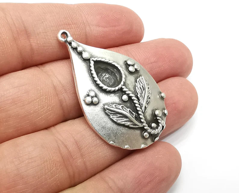 Drop Flower Pendant Blanks, Resin Bezel Bases, Mosaic Mountings, Dry flower Frame, Polymer Clay base, Antique Silver Plated (10x7mm) G33738