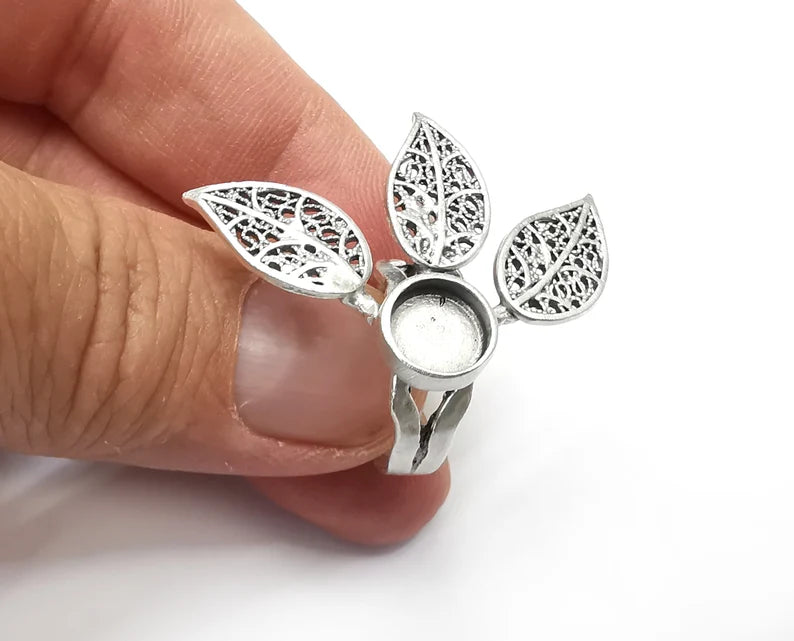 Leaf Ring Blank Settings, Cabochon Mounting, Adjustable Antique Silver Resin Ring Base Bezel, Inlay Mosaic Epoxy (8mm) G33740