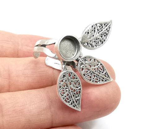 Leaf Ring Blank Settings, Cabochon Mounting, Adjustable Antique Silver Resin Ring Base Bezel, Inlay Mosaic Epoxy (8mm) G33740
