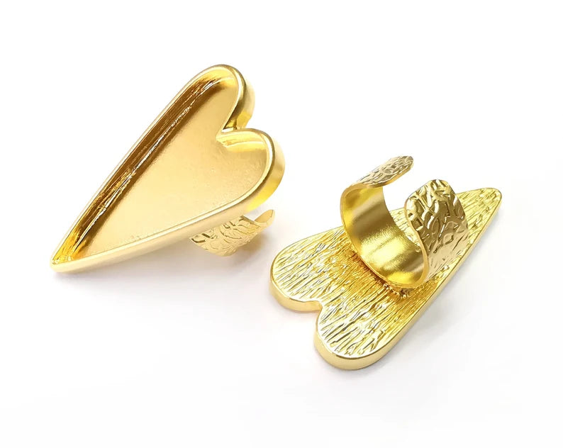 Heart Ring Blank Settings, Cabochon Mounting, Adjustable Gold Plated Resin Ring Base Bezel, Inlay Mosaic Epoxy (47x24mm) G33741