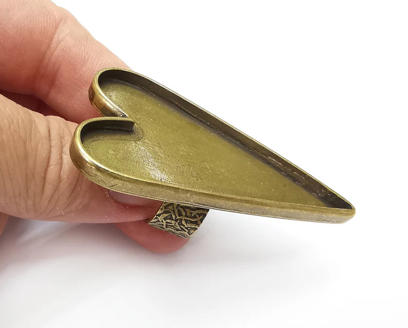 Big Heart Ring Blank Settings, Cabochon Mounting, Adjustable Antique Bronze Resin Ring Base Bezel, Inlay Mosaic Epoxy (64x29mm) G33743