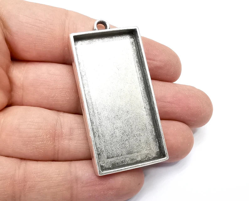 Rectangle Pendant Blanks, Resin Bezel Bases, Mosaic Mountings, Dry flower Frame, Polymer Clay base, Antique Silver Plated (47x24mm) G33624