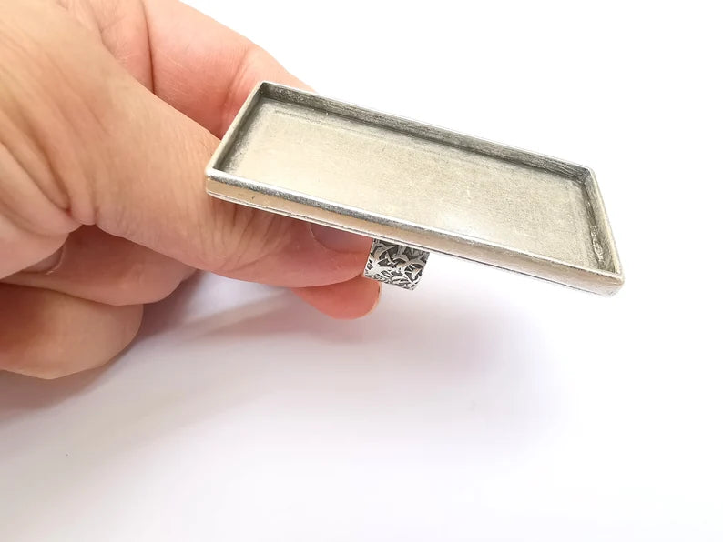 Large Rectangle Ring Blank Settings, Cabochon Mounting, Adjustable Antique Silver Resin Ring Base Bezel, Inlay Mosaic Epoxy (64x30mm) G33622