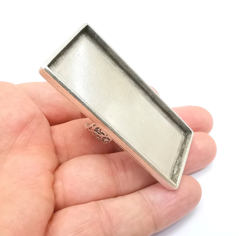 Large Rectangle Ring Blank Settings, Cabochon Mounting, Adjustable Antique Silver Resin Ring Base Bezel, Inlay Mosaic Epoxy (64x30mm) G33622