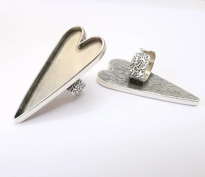 Large Heart Ring Blank Settings, Cabochon Mounting, Adjustable Antique Silver Resin Ring Base Bezel, Inlay Mosaic Epoxy (64x30mm) G33623