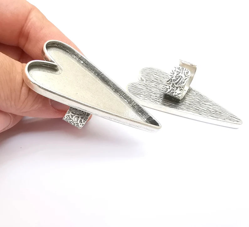 Large Heart Ring Blank Settings, Cabochon Mounting, Adjustable Antique Silver Resin Ring Base Bezel, Inlay Mosaic Epoxy (64x30mm) G33623