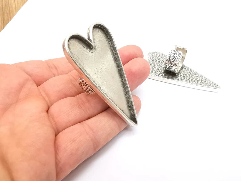 Large Heart Ring Blank Settings, Cabochon Mounting, Adjustable Antique Silver Resin Ring Base Bezel, Inlay Mosaic Epoxy (64x30mm) G33623