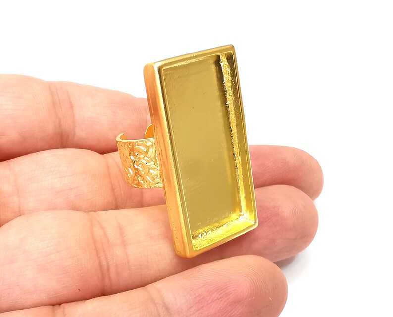 Rectangle Ring Blank Settings, Cabochon Mounting, Adjustable Gold Plated Resin Ring Base Bezel, Inlay Mosaic Epoxy (35x16mm) G33748