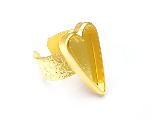 Heart Ring Blank Settings, Cabochon Mounting, Adjustable Gold Plated Resin Ring Base Bezel, Inlay Mosaic Epoxy (24x12mm) G33750