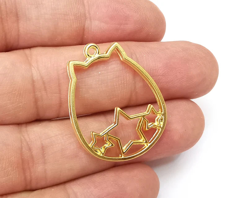 Cat Stars, Charms, Gold Plated DIY Charms (33x26mm) G33754