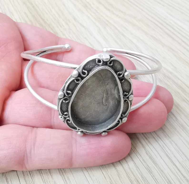Bracelet Bezel Cuff Blank Resin Mountings Cabochon Base Settings Antique Silver Plated Brass Adjustable Bracelet (30x20mm) G33638