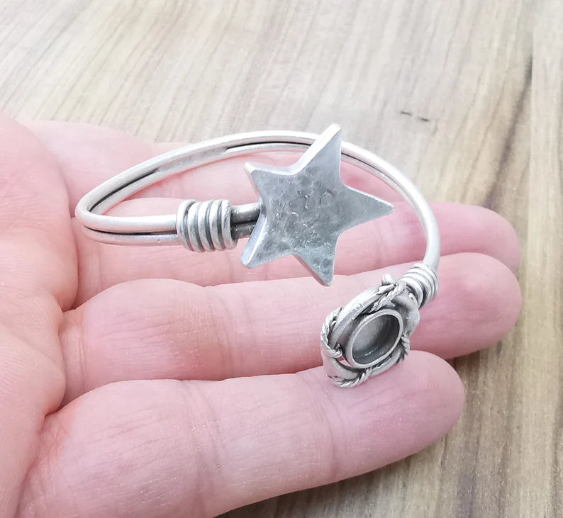 Star Bracelet Bezel Cuff Blank Resin Mountings Cabochon Base Settings Antique Silver Plated Brass Adjustable Bracelet (8mm) G33641