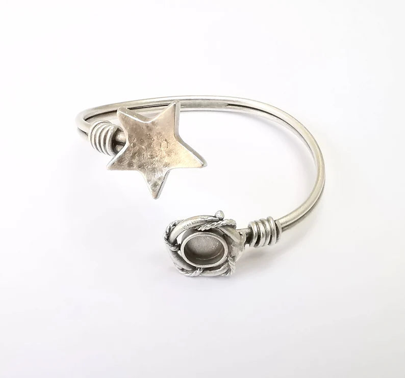 Star Bracelet Bezel Cuff Blank Resin Mountings Cabochon Base Settings Antique Silver Plated Brass Adjustable Bracelet (8mm) G33641