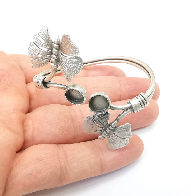 Butterfly Bracelet Bezel Cuff Blank Resin Mountings Cabochon Base Settings Antique Silver Plated Brass Adjustable Bracelet (8mm) G33644