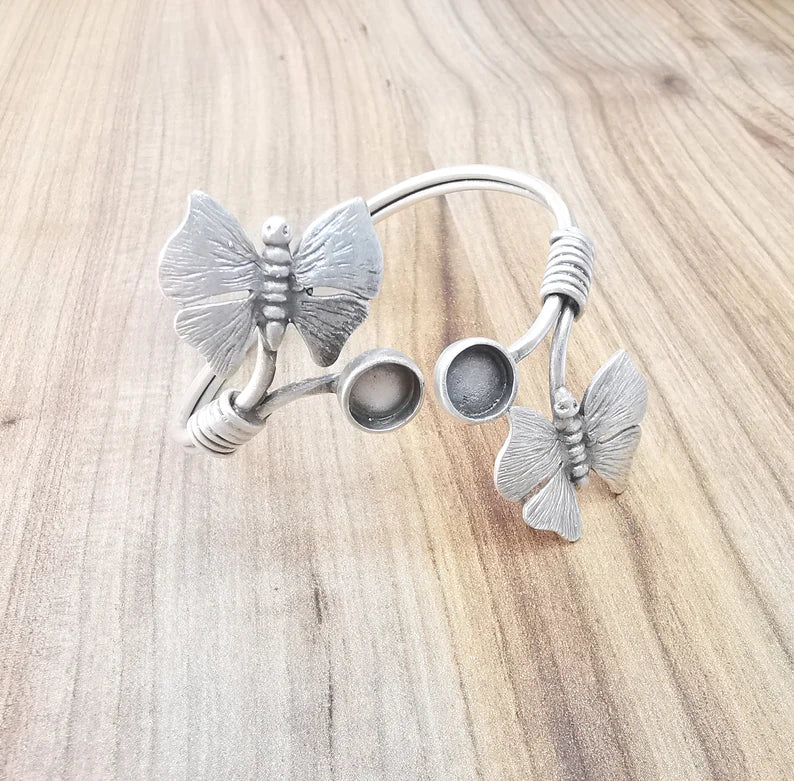 Butterfly Bracelet Bezel Cuff Blank Resin Mountings Cabochon Base Settings Antique Silver Plated Brass Adjustable Bracelet (8mm) G33644