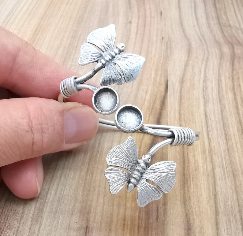 Butterfly Bracelet Bezel Cuff Blank Resin Mountings Cabochon Base Settings Antique Silver Plated Brass Adjustable Bracelet (8mm) G33644