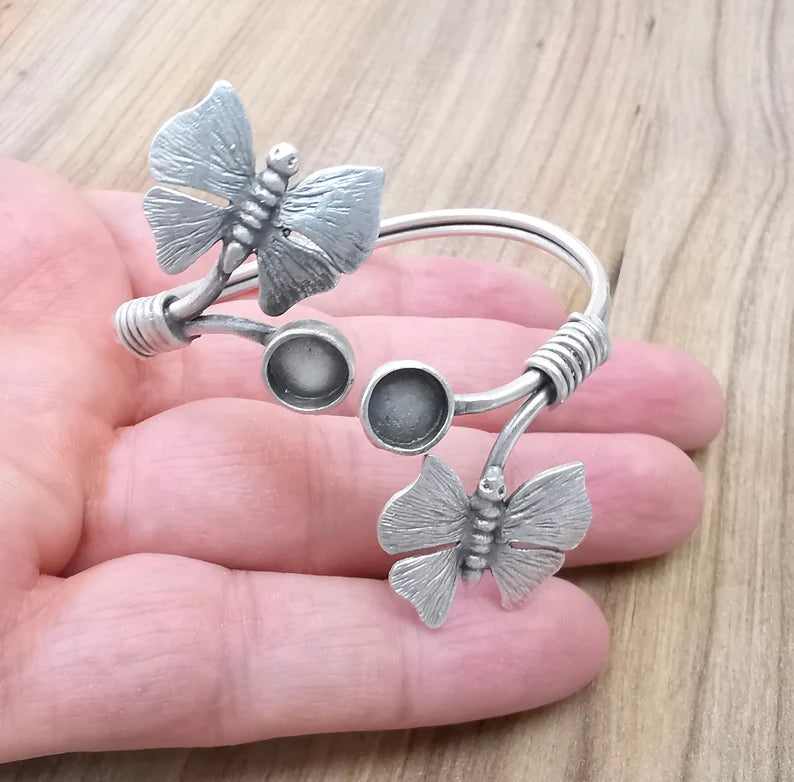Butterfly Bracelet Bezel Cuff Blank Resin Mountings Cabochon Base Settings Antique Silver Plated Brass Adjustable Bracelet (8mm) G33644