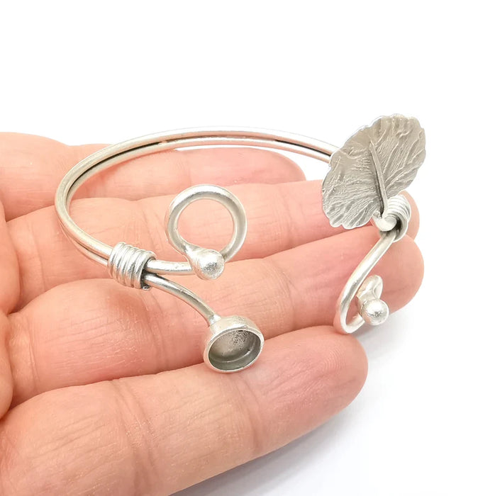 Leaf Bracelet Bezel Cuff Blank Resin Mountings Cabochon Base Settings Antique Silver Plated Brass Adjustable Bracelet (8mm) G33648