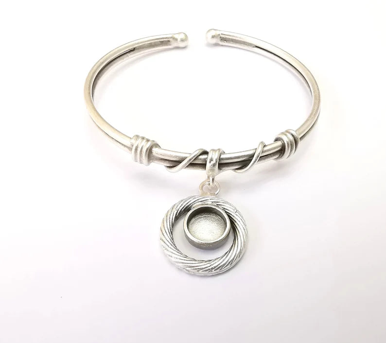 Wire Bracelet Bezel Cuff Blank Resin Mountings Cabochon Base Settings Antique Silver Plated Brass Adjustable Bracelet (8mm) G33649