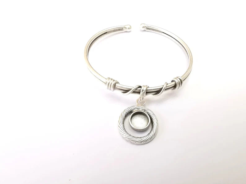 Wire Bracelet Bezel Cuff Blank Resin Mountings Cabochon Base Settings Antique Silver Plated Brass Adjustable Bracelet (8mm) G33649