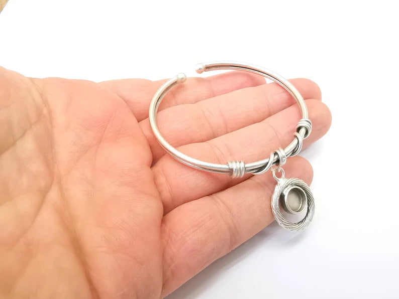 Wire Bracelet Bezel Cuff Blank Resin Mountings Cabochon Base Settings Antique Silver Plated Brass Adjustable Bracelet (8mm) G33649