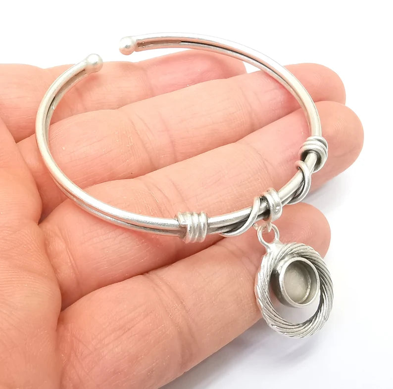 Wire Bracelet Bezel Cuff Blank Resin Mountings Cabochon Base Settings Antique Silver Plated Brass Adjustable Bracelet (8mm) G33649