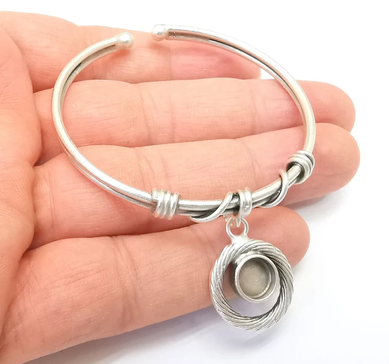 Wire Bracelet Bezel Cuff Blank Resin Mountings Cabochon Base Settings Antique Silver Plated Brass Adjustable Bracelet (8mm) G33649