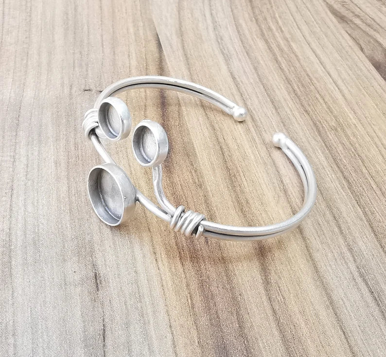 Wire Bracelet Bezel Cuff Blank Resin Mountings Cabochon Base Settings Antique Silver Plated Brass Adjustable Bracelet (8mm and 14mm) G33650