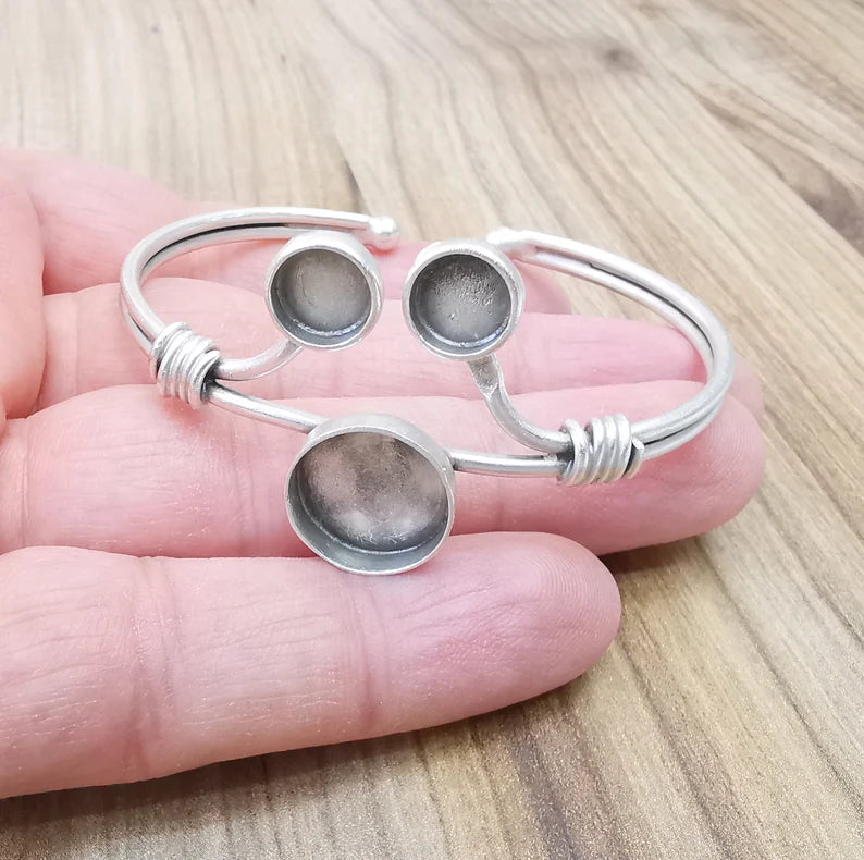 Wire Bracelet Bezel Cuff Blank Resin Mountings Cabochon Base Settings Antique Silver Plated Brass Adjustable Bracelet (8mm and 14mm) G33650