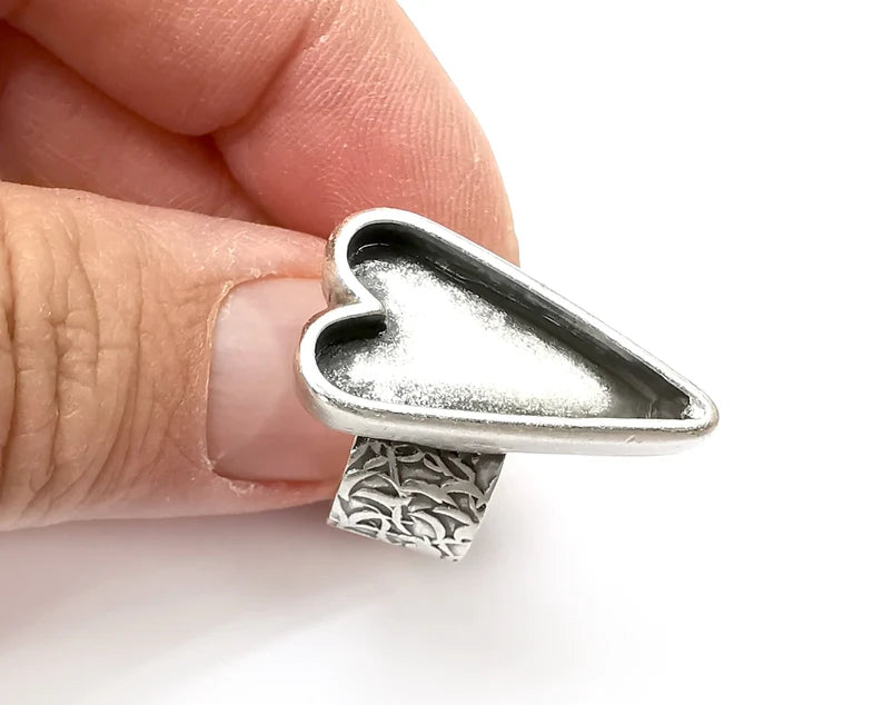Heart Ring Blank Settings, Cabochon Mounting, Adjustable Antique Silver Resin Ring Base Bezel, Inlay Mosaic Epoxy (24x12mm) G33651