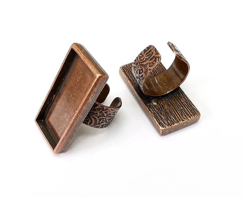 Rectangle Antique Copper Ring Blank Settings, Cabochon Mounting, Adjustable Resin Ring Base Bezel, Inlay Mosaic Ring Bezel (25x12mm) G33652