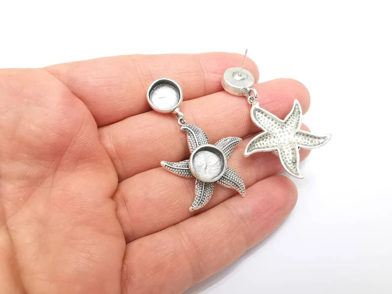 Starfish Earring, Dangle Earring Blank, Antique Silver Plated Brass Earring Base ( 10mm blanks ) G33656