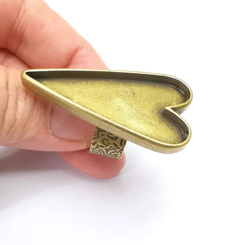 Large Heart Ring Blank Settings, Cabochon Mounting, Adjustable Antique Bronze Resin Ring Base Bezel, Inlay Mosaic Epoxy (47x24mm) G33666