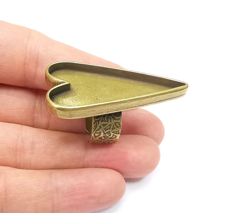 Large Heart Ring Blank Settings, Cabochon Mounting, Adjustable Antique Bronze Resin Ring Base Bezel, Inlay Mosaic Epoxy (47x24mm) G33666