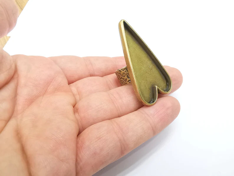 Large Heart Ring Blank Settings, Cabochon Mounting, Adjustable Antique Bronze Resin Ring Base Bezel, Inlay Mosaic Epoxy (47x24mm) G33666