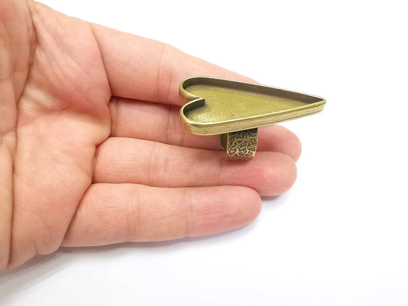 Large Heart Ring Blank Settings, Cabochon Mounting, Adjustable Antique Bronze Resin Ring Base Bezel, Inlay Mosaic Epoxy (47x24mm) G33666