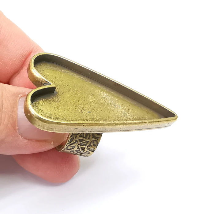Large Heart Ring Blank Settings, Cabochon Mounting, Adjustable Antique Bronze Resin Ring Base Bezel, Inlay Mosaic Epoxy (47x24mm) G33666