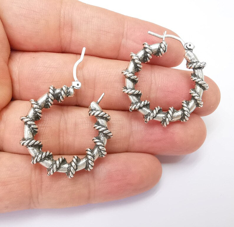Wire Wrapped Hoop Earrings, Antique Silver Plated Hoop Earring, Findings G33760