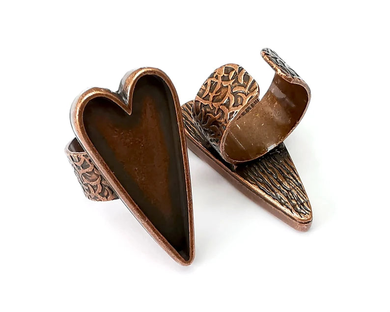 Heart Ring Blank Settings, Cabochon Mounting, Adjustable Antique Copper Resin Ring Base Bezel, Inlay Mosaic Epoxy (34x16mm) G33671